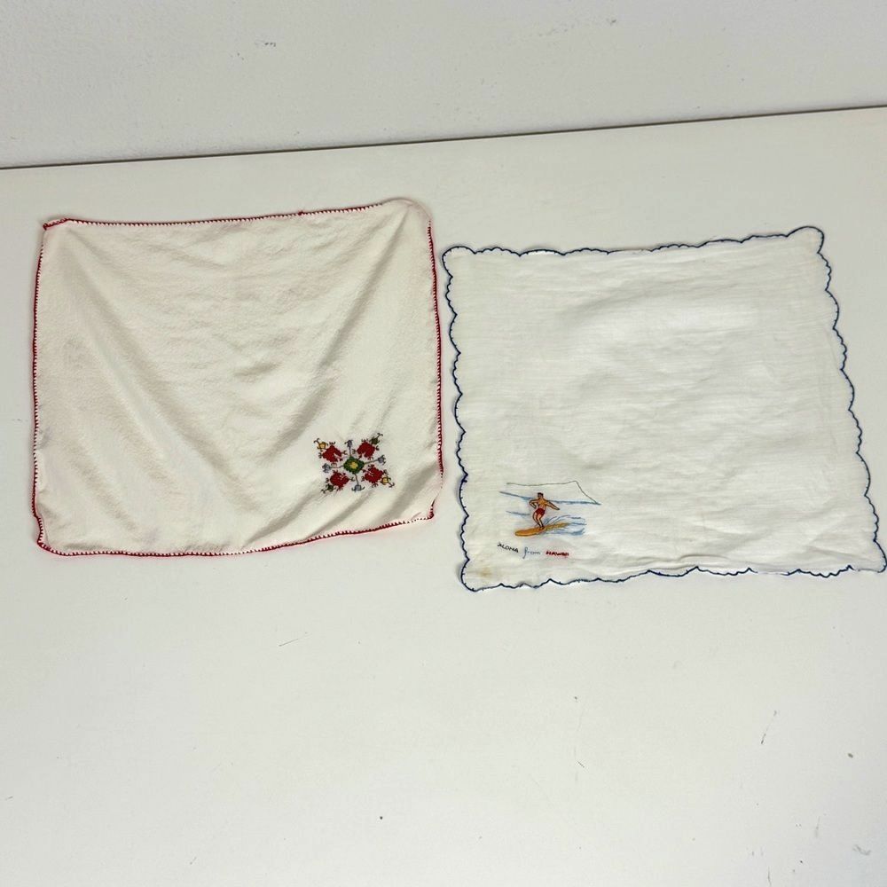 2 Vintage Silk Embroidered Handkerchiefs Hawaii Surfer & Floral